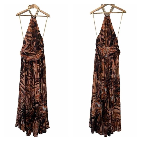 BRONX & BANCO Kenya Maxi Dress Silk Halter Chain Animal Print Brown Medium NWT - Picture 4 of 15